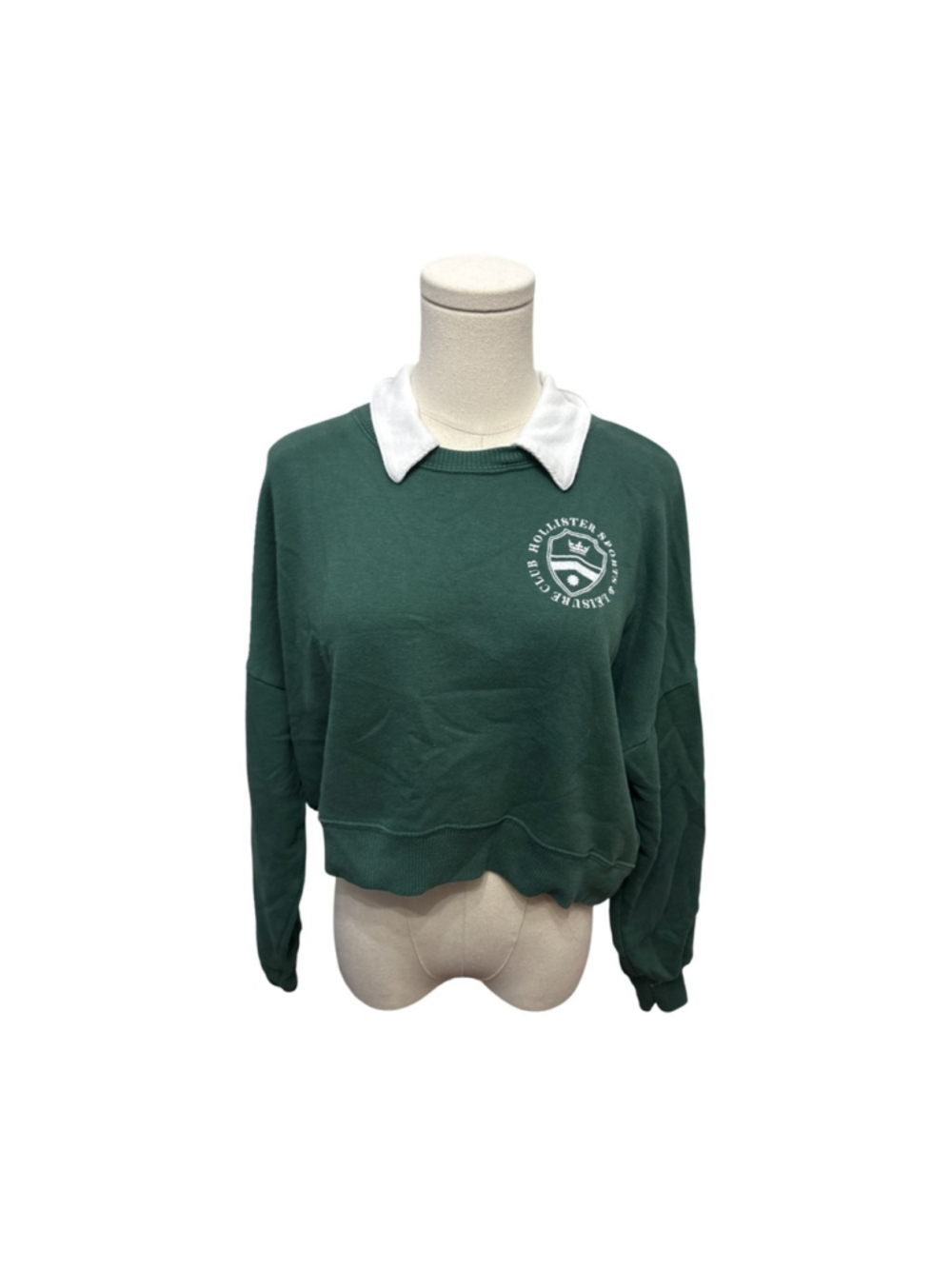 Hollister Green Cropped Sweatshirt with White Collar - size S